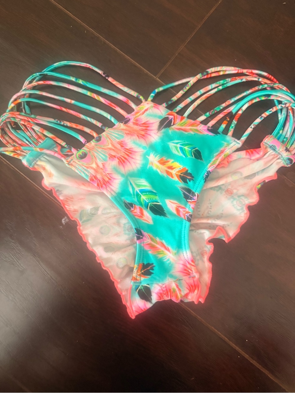 Luli Fama Feather Print Strappy Swim Bottoms